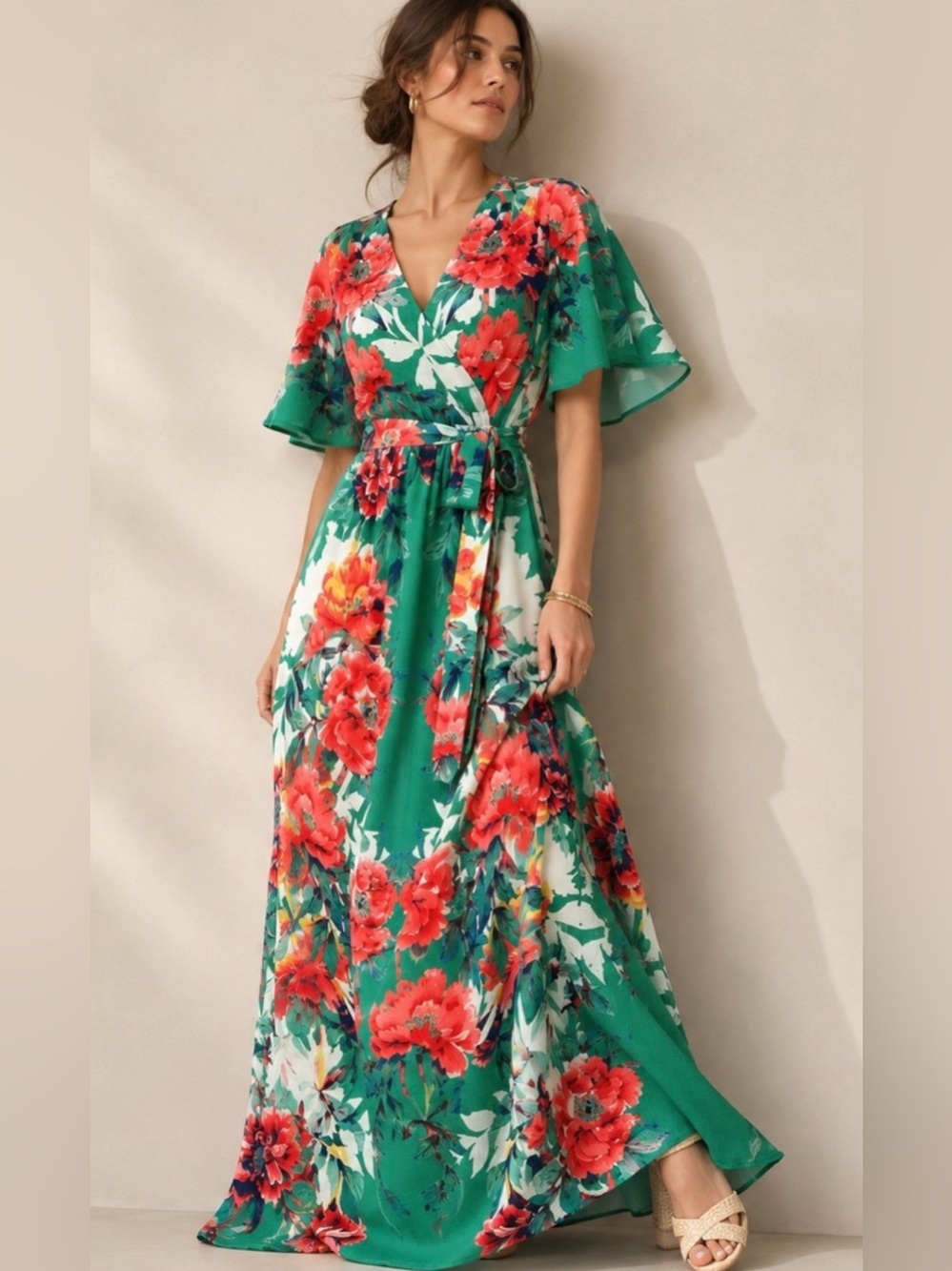 Lulus Tropical Print Green Floral Maxi Dress Large